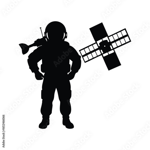 Astronaut in silhouette standing tall with satellite equipment ready for space exploration