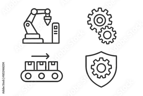 Industrial automation icons featuring robot arm, conveyor belt, gears, and gear shield symbol