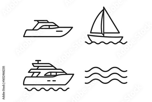 Minimalist line art of boats and waves: sailboat and yacht designs
