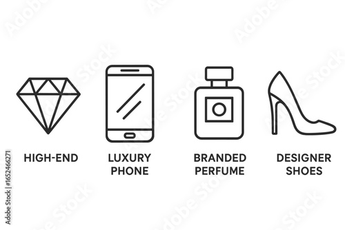 Luxury icons featuring diamond, smartphone, perfume, and shoes