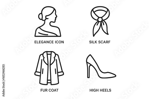 Fashion symbols: elegance icon, silk scarf, fur coat, high heels - simple line art