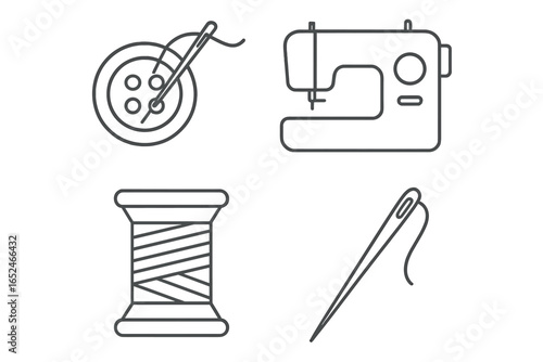 Sewing tools icon set: needle, button, sewing machine, thread spool design