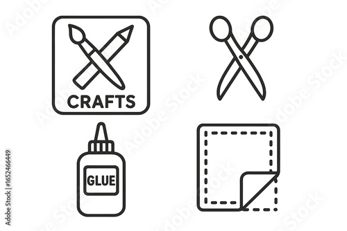 Craft tools icons: glue, scissors, sewing, crafts