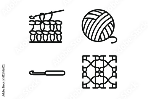 Crochet tools and patterns line art: yarn, needle, and stitch designs