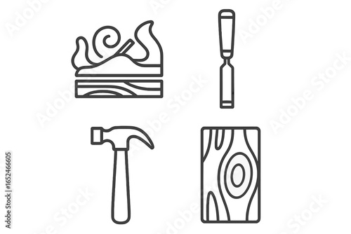 Woodworking tools: plane, chisel, hammer, wood block icon set
