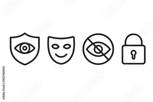 Privacy icons: shield eye, mask, eye slash, lock symbols in line art