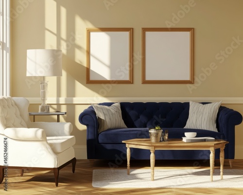 Sunlit Living Room With Blue Velvet Sofa And White Armchair