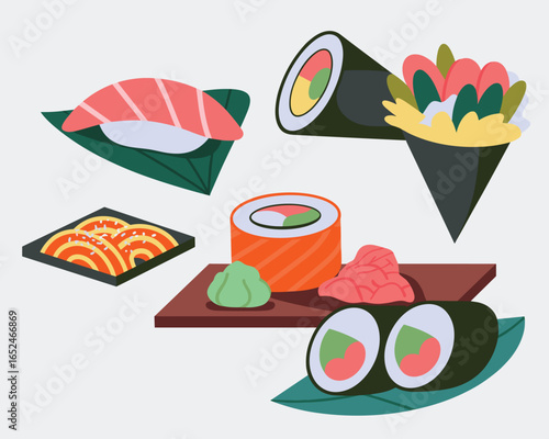 Flat illustration of assorted sushi and temaki on white background sashimi salmon
