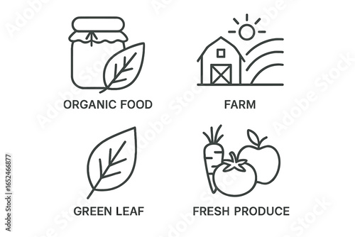 Organic food icons featuring farm, green leaf, and fresh produce
