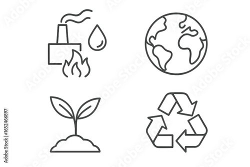 Environmental symbols: pollution, earth, plant growth, recycling icons