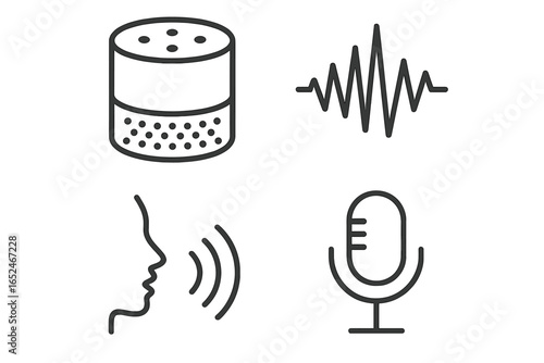 Voice recognition icons with smart speaker, waveform, face, microphone in line art style