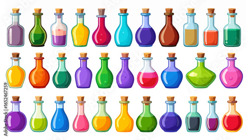 Assortment of Colorful Potion Bottles with Corks Isolated on White Background