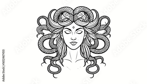 Detailed monochrome line art portrait of mythical Medusa with snakes as hair on isolated white background.