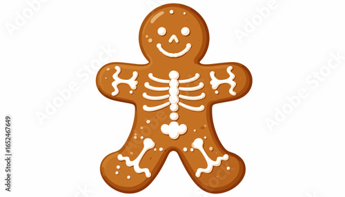 Funny Gingerbread Man Cookie with Skeleton Decoration on Isolated White Background