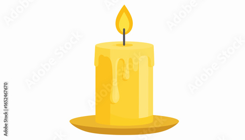 Lit Yellow Wax Candle with Flame on Saucer, Isolated White Background