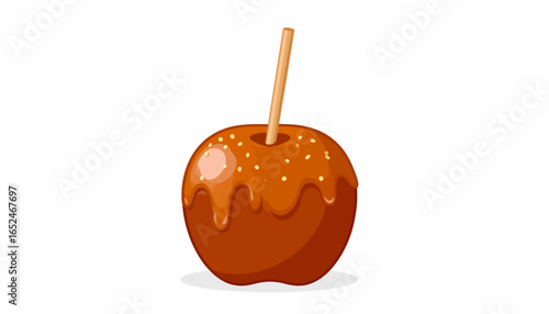 Festive Caramel Apple with Glossy Sweet Coating on a Stick, Isolated White Background