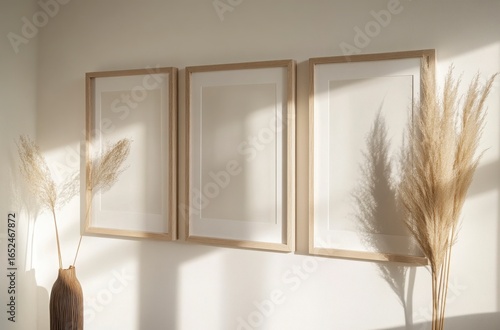 Three Beige Wooden Frames Mockup With Dried Flowers In A Minimalist Interior