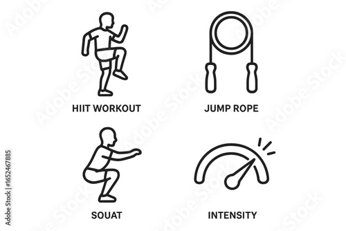 Fitness exercises icons: hiit workout, jump rope, squat, intensity for training