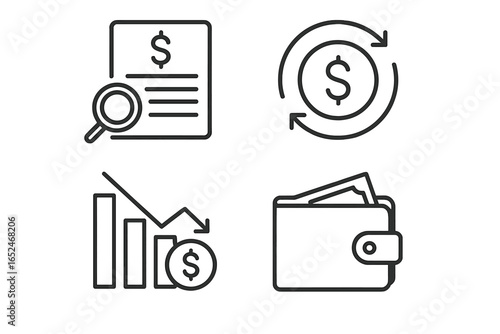 Financial analysis and budgeting icons for investing and money management
