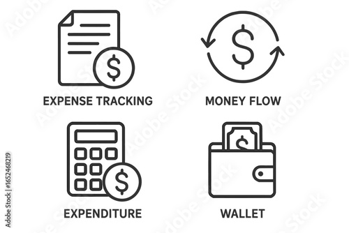 Financial management icons: expense tracking, money flow, expenditure, wallet