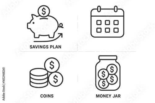Savings plan icons: piggy bank, calendar, coins, money jar for financial planning