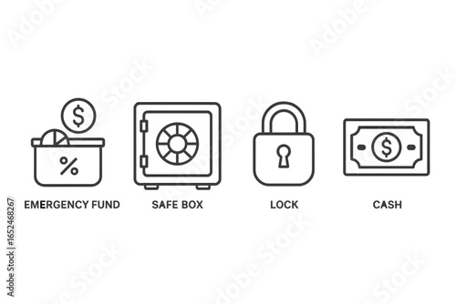 Financial security icons: emergency fund, safe box, lock, cash
