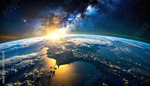 A breathtaking view of Earth, bathed in the golden light of sunrise, as seen from the cosmos, with a spectacular display of the Milky Way.