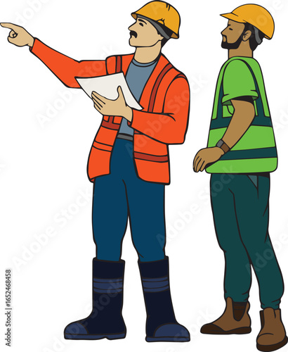 A vector illustration of an engineer at a construction site, wearing a safety helmet and holding documents, explaining or describing the work site. 