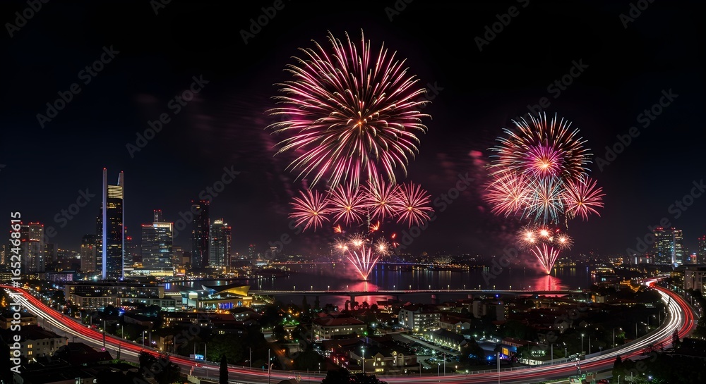 Fireworks display over a modern city skyline for New Year celebrations Fireworks display over a modern city skyline for New Year celebrations