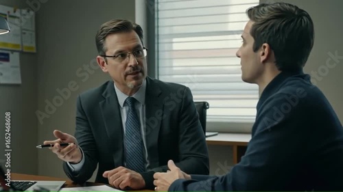 Two men in suits in an office setting one speaking and gesturing