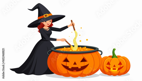 Happy Witch Stirring a Bubbling Cauldron with Pumpkins on Isolated White Background