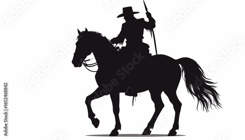 Brave Cowboy Silhouette Riding a Horse and Holding a Spear on Isolated White Background