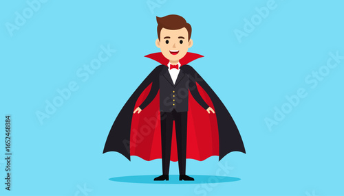 Young cartoon man dressed as a Halloween vampire character, standing on a light blue background.