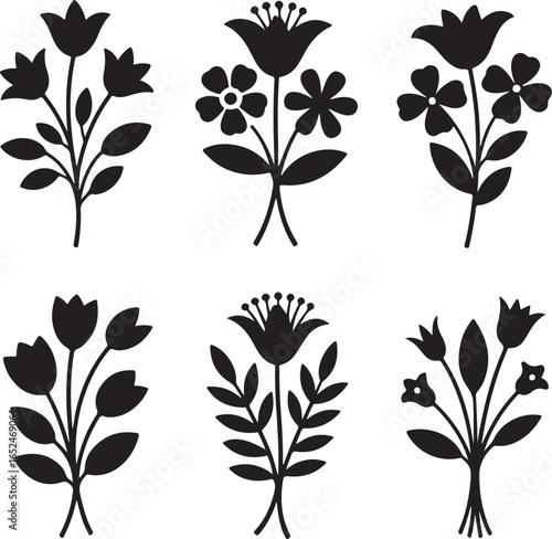 Floral Bouquet Icons Silhouette Collection Decorative Flower Arrangements vector illustration