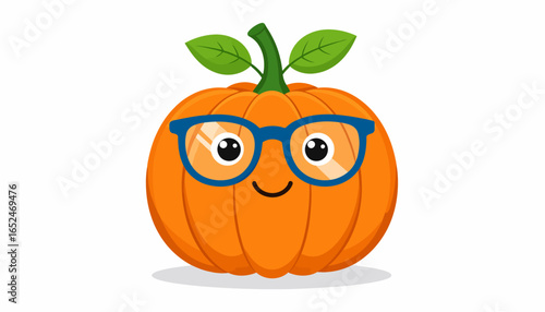 Adorable Cartoon Pumpkin Character Wearing Glasses and Smiling Happily, Isolated White Background