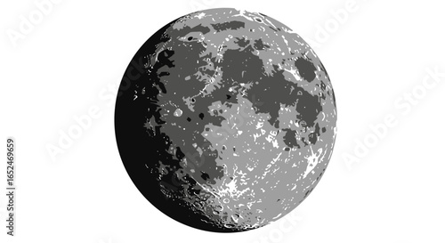 Gray scale illustration of the moon featuring craters