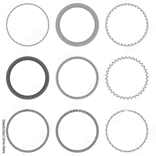 Set of 9 simple, easy-to-use black round vintage vector frames on a white background.