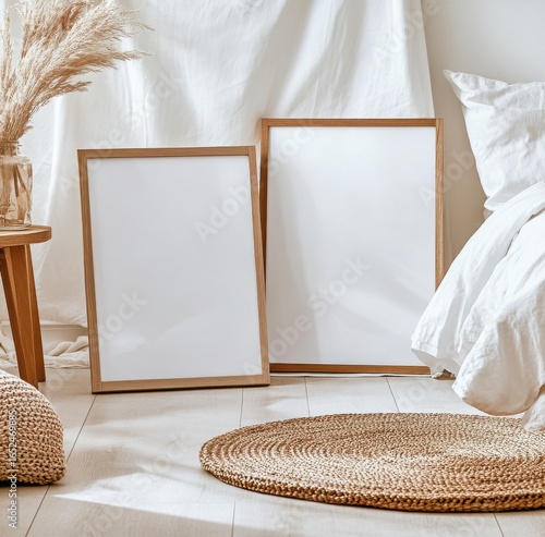 Two Empty Wooden Frames Mockup in a Minimalist Bedroom Setting