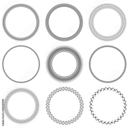 Set of 9 simple, easy-to-use black round vintage vector frames on a white background.