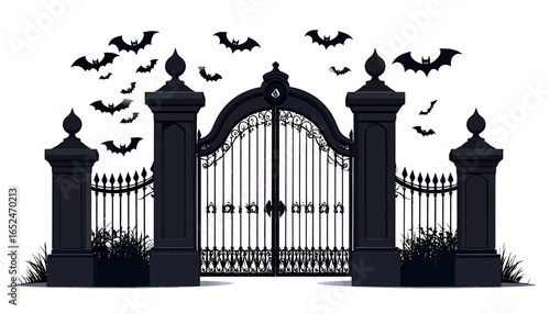Spooky Cemetery Gate Silhouette with Bats Flying on Dark Background
