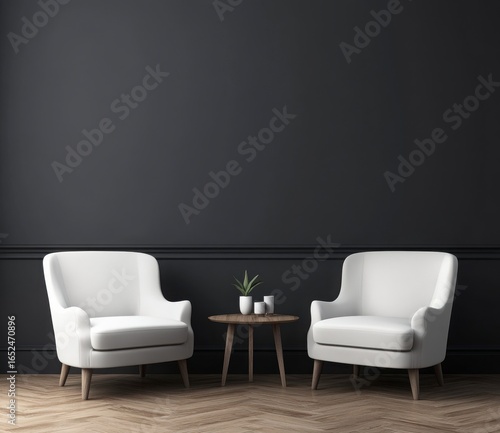 Two White Armchairs And A Wooden Coffee Table In A Dark Grey Minimalist Living Room and A Plant On The Side Table. A Calm Atmosphere  With Neutral Colors And Clean Lines