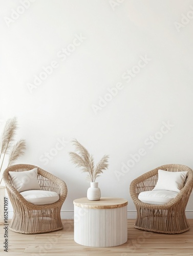 Two Woven Chairs and Wooden Coffee Table in Minimalist Room