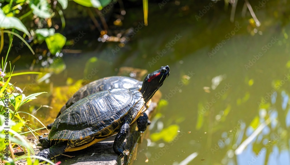 Obraz premium Turtle basking on a log in a pond
