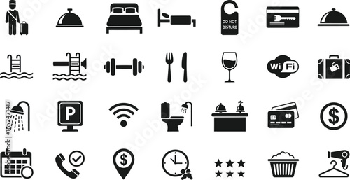 Collection of hotel service icons, representing various amenities and facilities for travel, vacation, and business trips