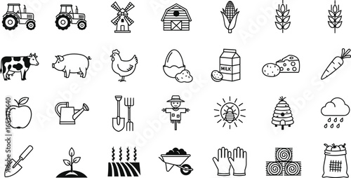 Illustration of various farming related icons, including tractors, animals, crops, and tools