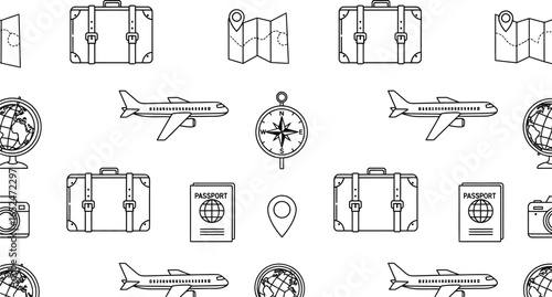 Seamless travel pattern with airplane, suitcase, map, compass, passport, camera, and globe