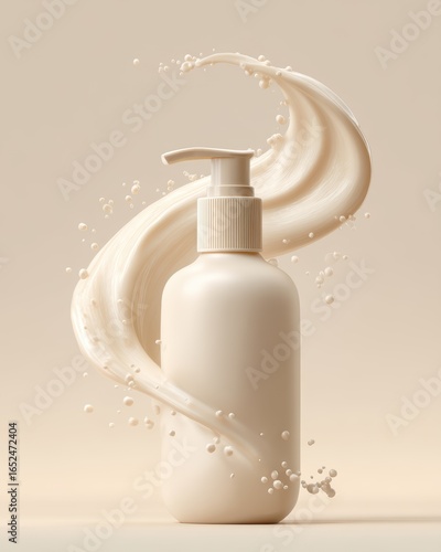 White pump bottle with swirling milky liquid, beauty product, skincare, Instagram post, product launch, advertising, elegant, dynamic, portrait

