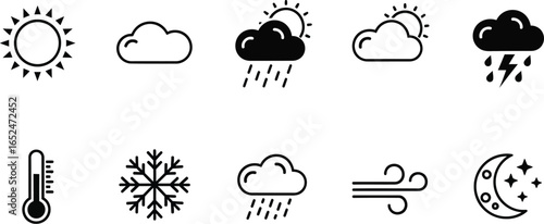 Weather icon set featuring various weather conditions such as sun, cloud, rain, snow, wind, and moon in a simple and clean design