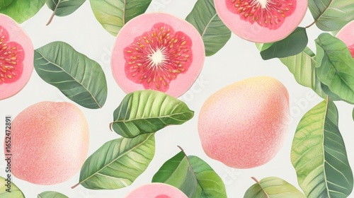 Watercolor Pink Fruit Seamless Pattern With Green Foliage