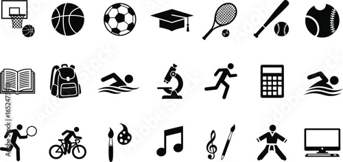 A collection of black and icons representing various school, sports, and hobby related activities